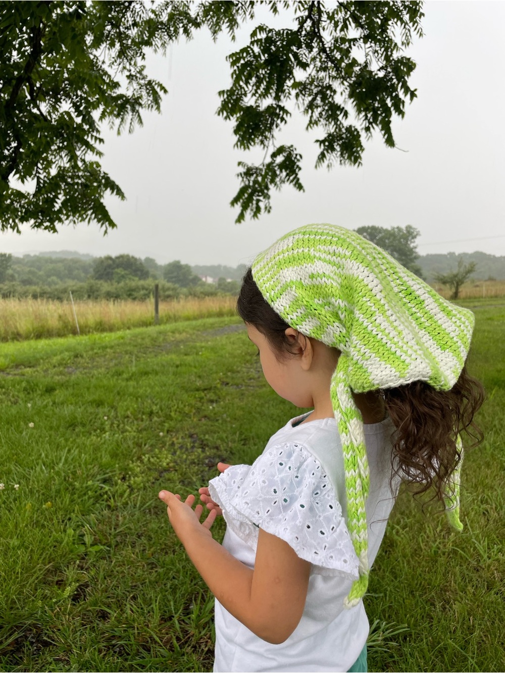 100% Cotton Hand-Knit Head Scarf, Head Covering, Shawl, Green and White